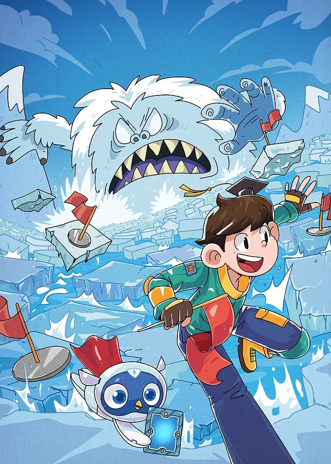 Boy and Penguin Chase a Yeti
