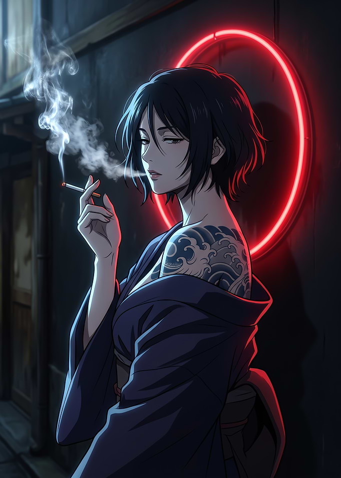 Woman in Kimono Smoking with Neon Ring