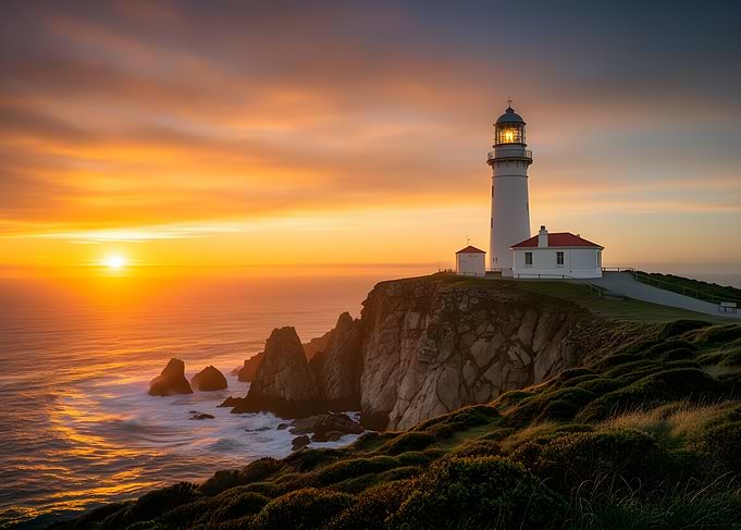 Lighthouse at Sunset on a Cliff