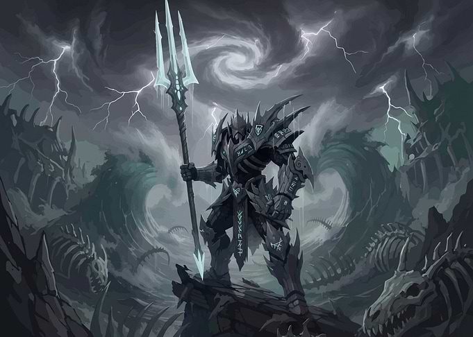 Dark Warrior with Trident in Storm