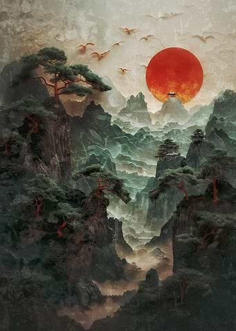Misty Mountains Sunrise with Pagodas