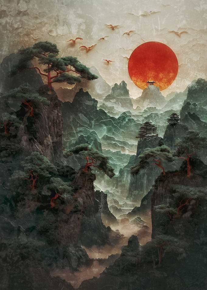 Misty Mountains Sunrise with Pagodas