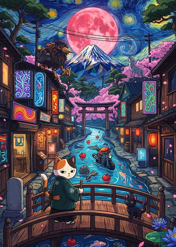 Anthropomorphic Cat in a Japanese Village