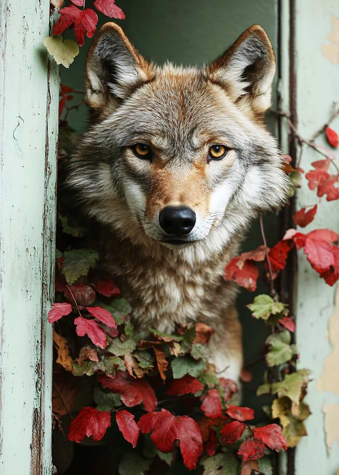 Wolf Peeking Through Autumn Foliage