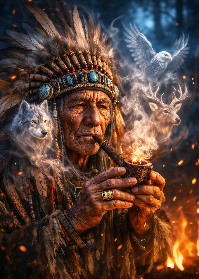 Native American Elder Smoking Pipe