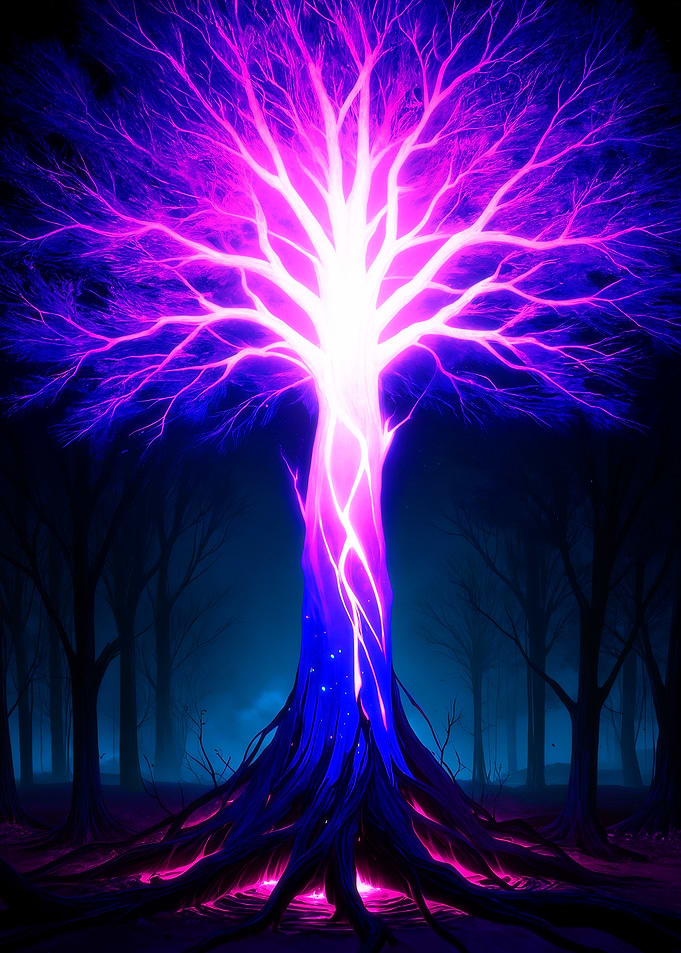 Glowing Fantasy Yggdrasil in Dark Forest