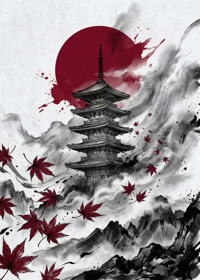 Japanese Pagoda with Maple Leaves