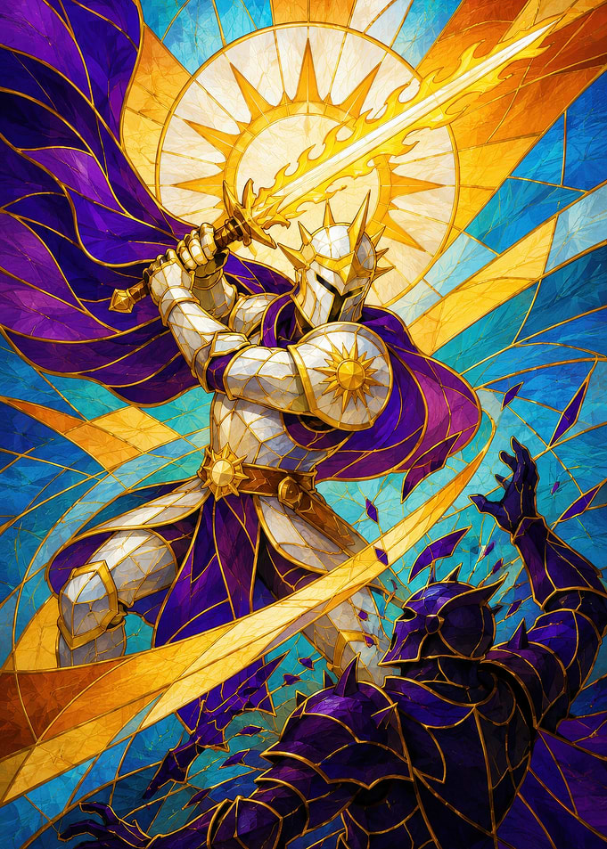Knight with Sun Sword Fighting Dark Knight