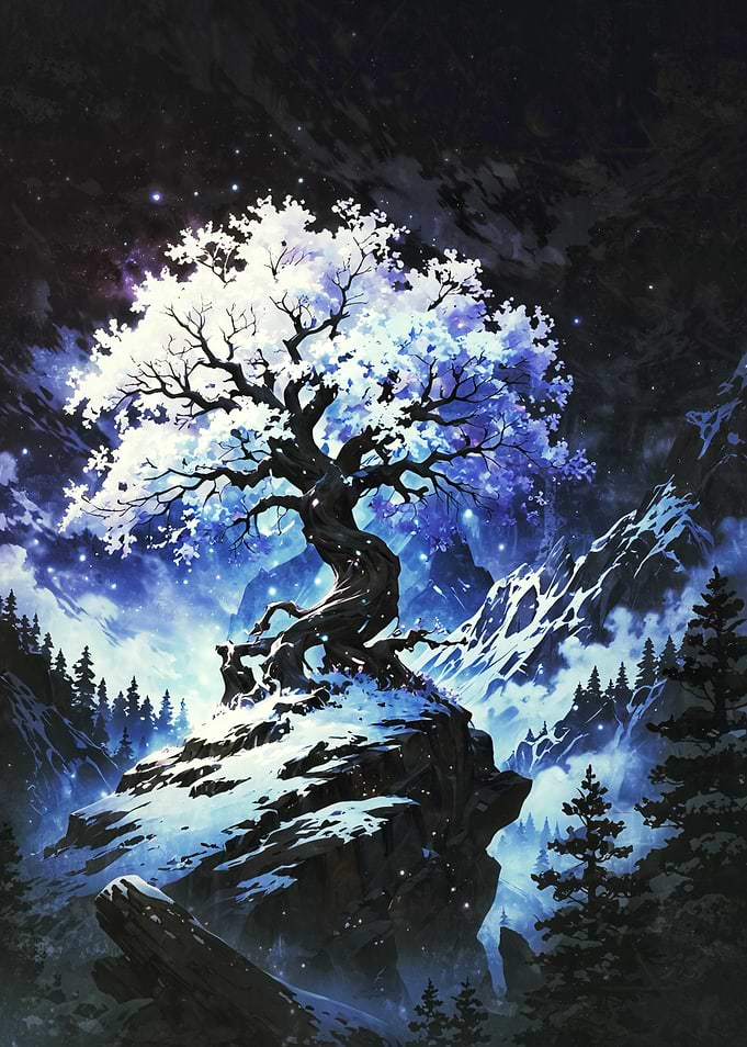 Enchanted Winter Tree on Snowy Mountain