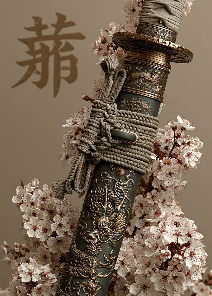 Samurai Sword with Cherry Blossoms and Dragon