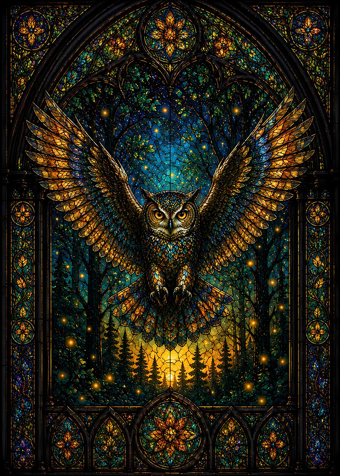 Stained Glass Owl in Enchanted Forest