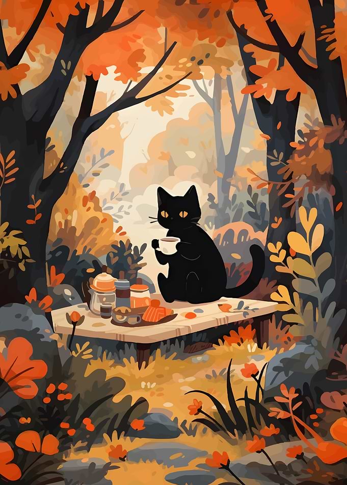 Black Cat Enjoying Autumn Picnic