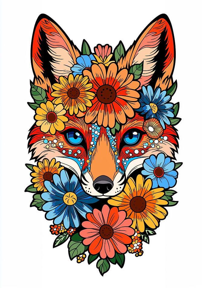 Fox adorned with colorful flowers