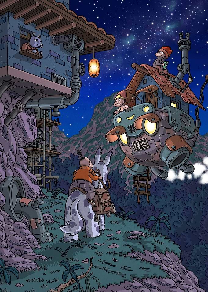 Fantasy Night Scene with Creatures and Structures
