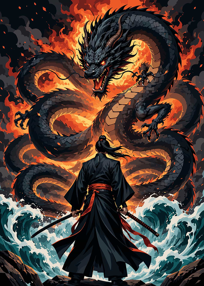 Samurai vs. Dragon in Fiery Battle