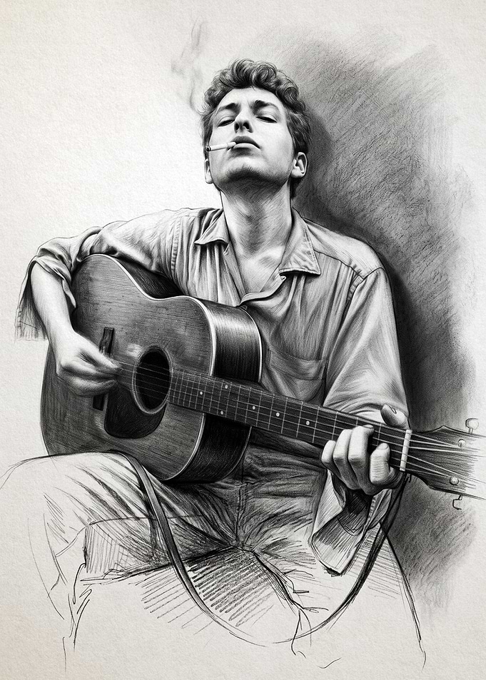 Bob Dylan Playing Guitar and Smoking