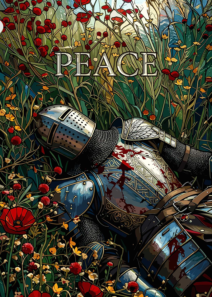 Knight in Flowers with Peace Text