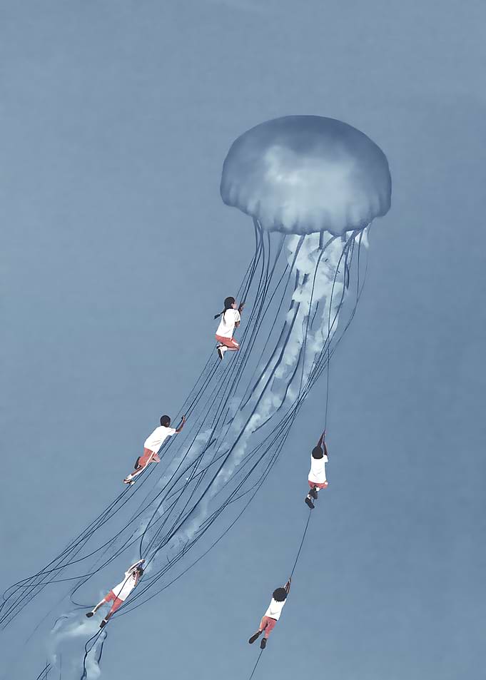 Children hanging from a giant jellyfish kite