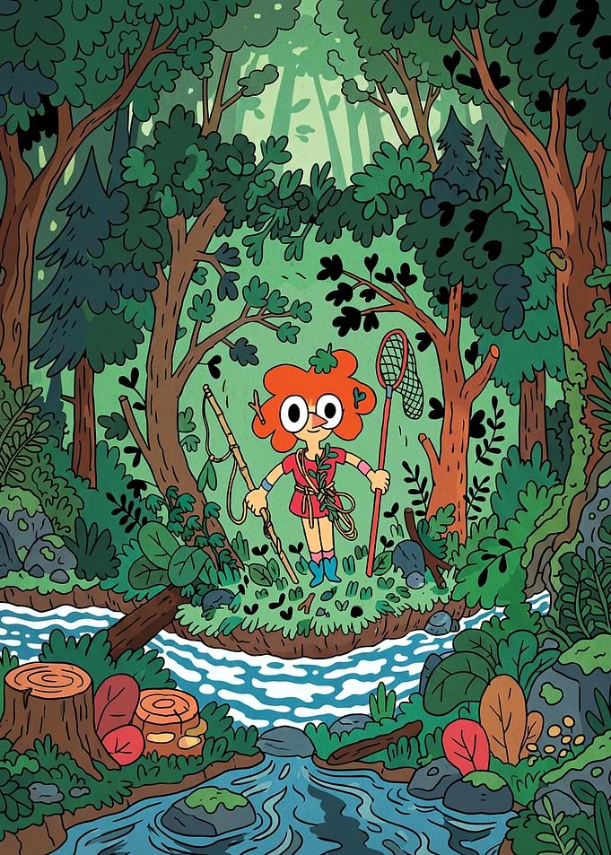 Girl with fishing net and rod in forest