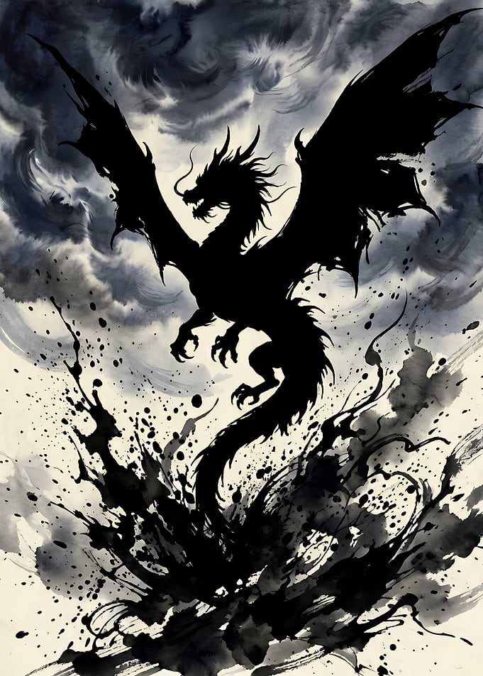 Black Dragon Emerging from Ink