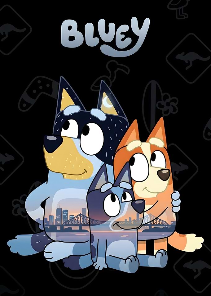 Bluey Family with Cityscape Overlay