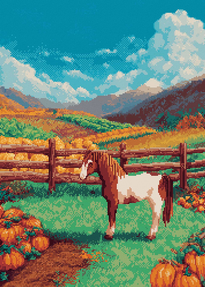 Pixel Art Horse in Autumn Landscape