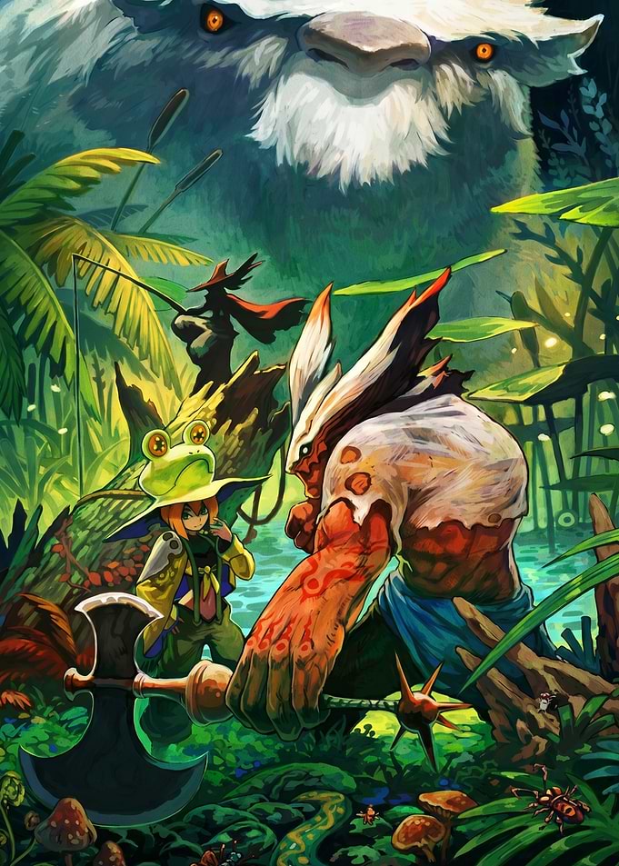 Fantasy characters in a lush jungle setting