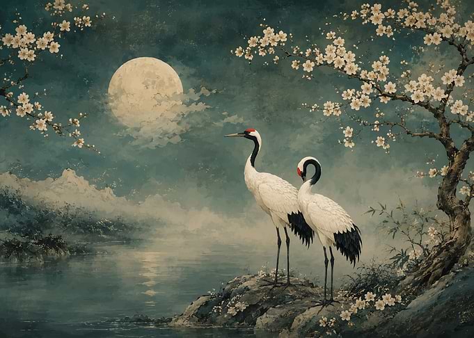 Cranes Under the Moon