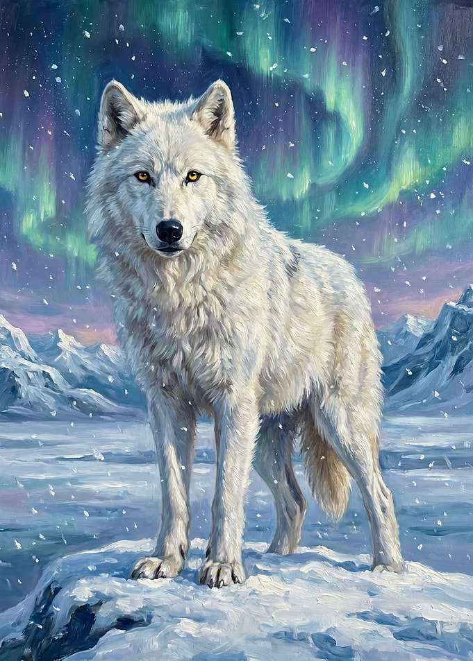 White Wolf Under Aurora Borealis