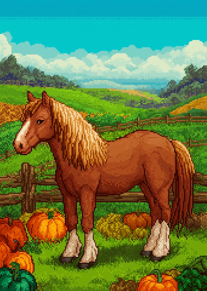 Pixel Art Horse in a Farm Landscape