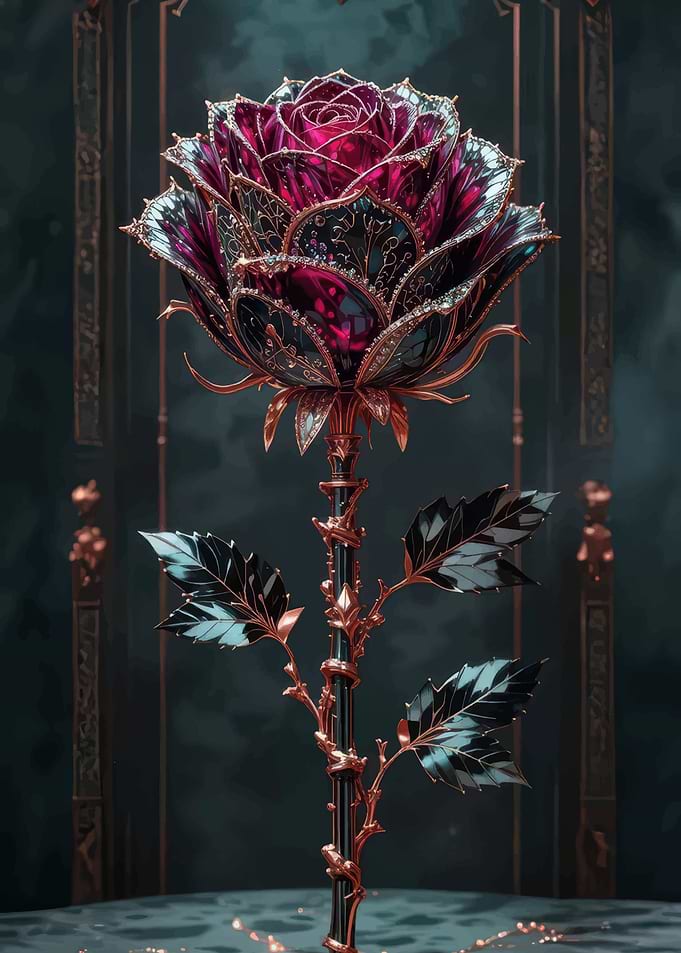 Ornate Rose with Dark Petals and Gold Stem