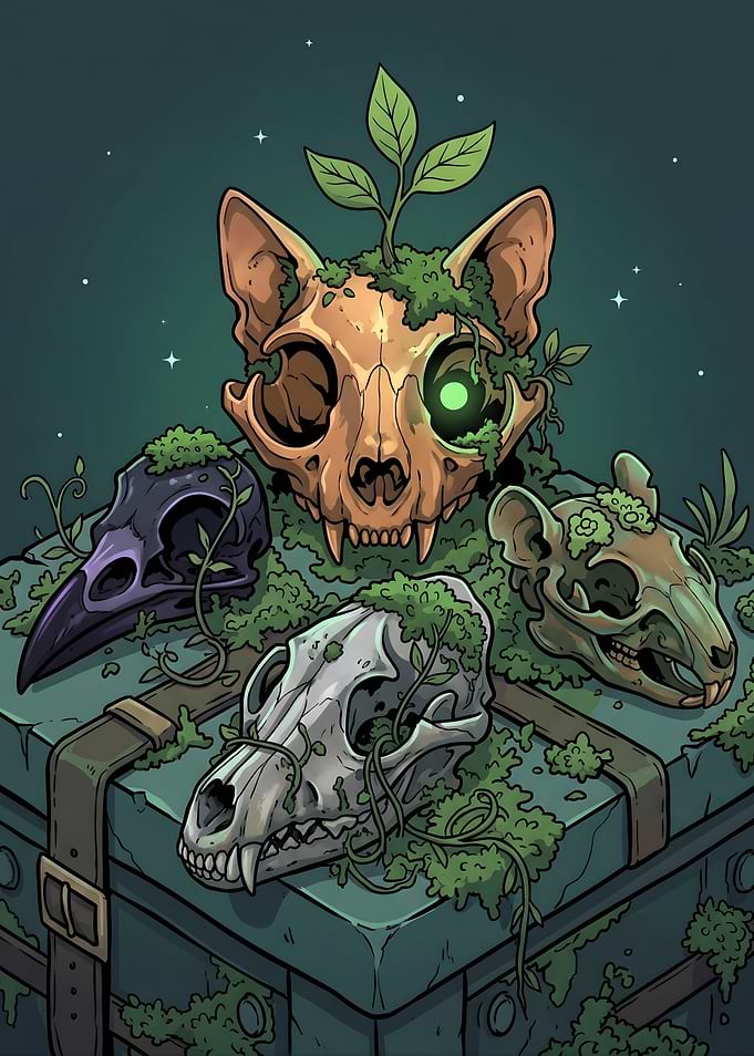 Nature Reclaims Animal Skulls on a Chest