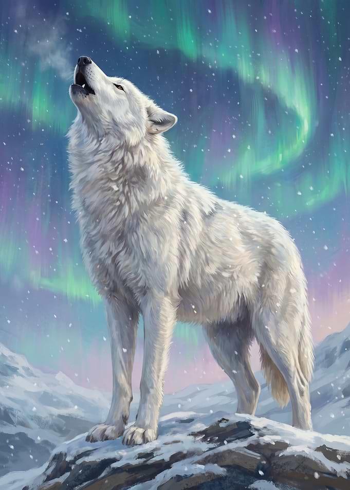 White Wolf Howling Under Aurora Borealis