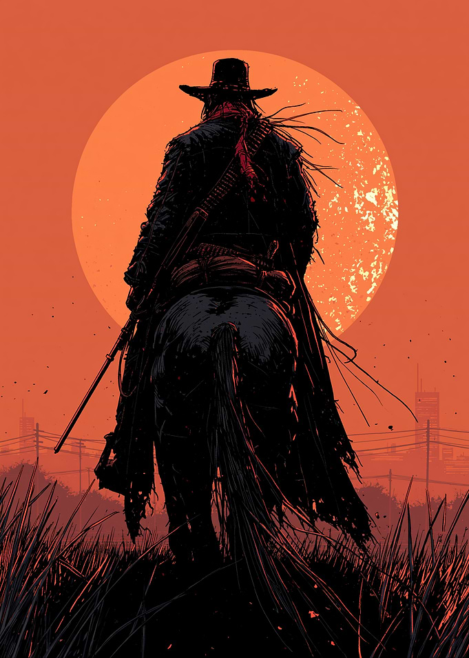 Cowboy on Horse at Sunset