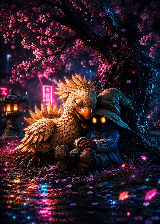 Vivi and Chocobo under Cherry Blossoms