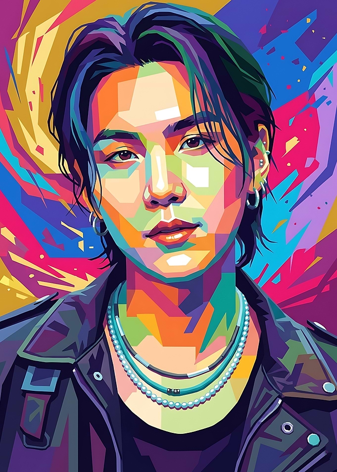 A colorful portrait of Suga BTS