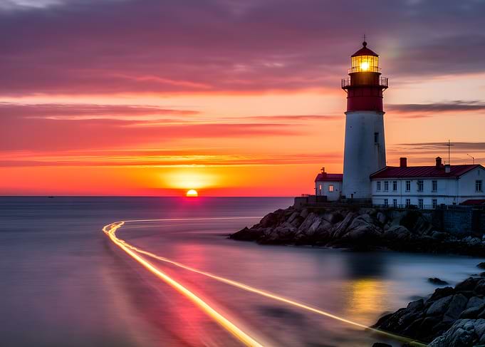 Lighthouse at Sunset with Light Trails