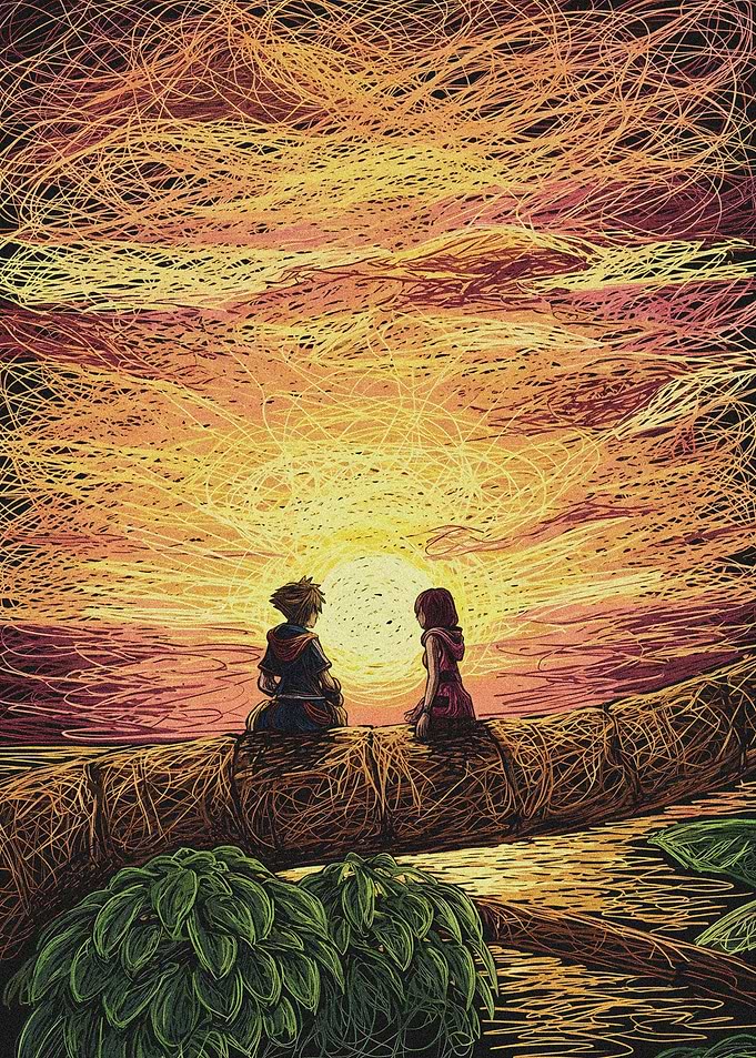 Sora and Kairi watching the sunset