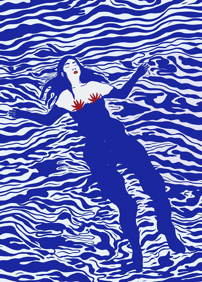Woman floating in blue water