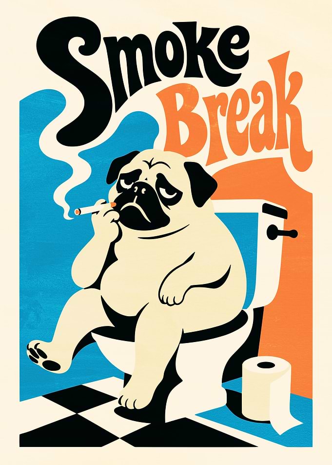 Pug on Toilet Smoking