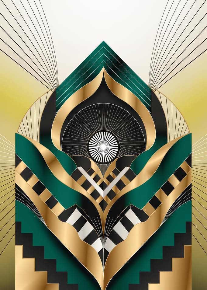 Emerald and Gold Art Deco Geometry — Luxurious Symmetrical Abstract Wall Art