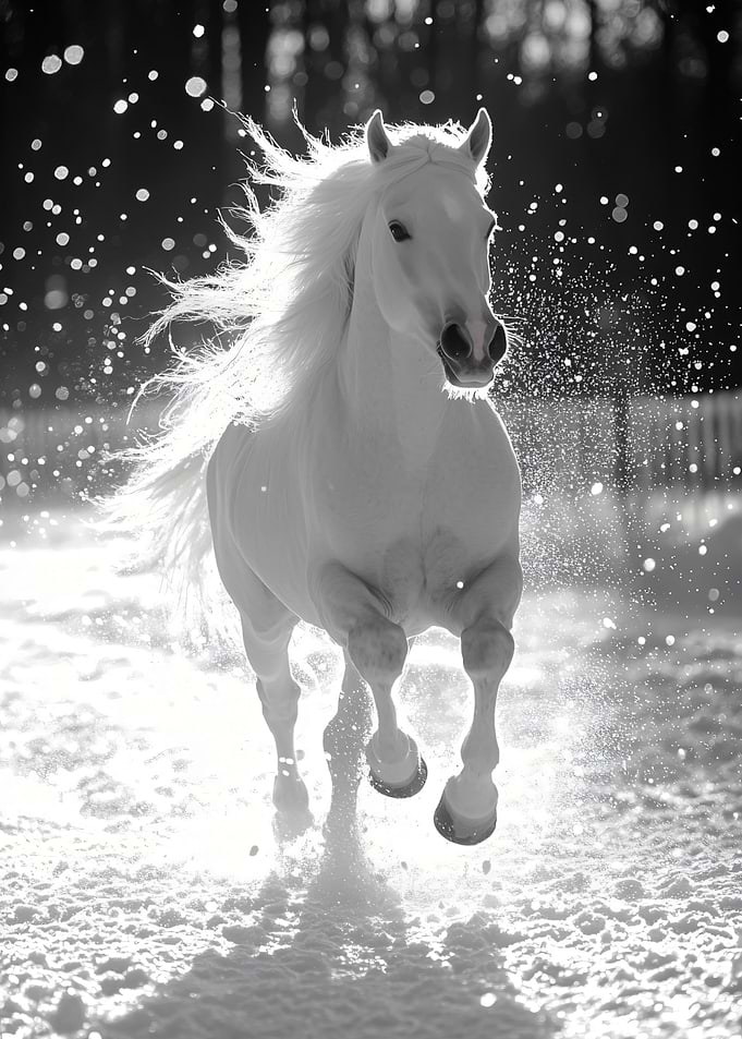 Majestic White Horse Running in Snow