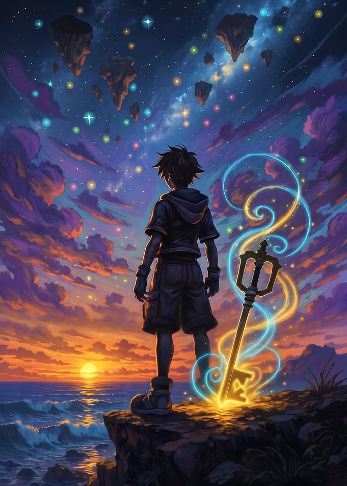 Sora and the Keyblade in a Starry Sky