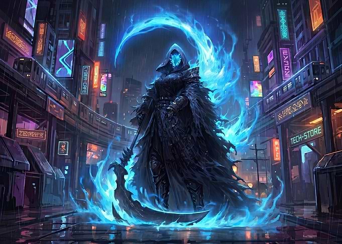 Cyberpunk Grim Reaper in Neon City