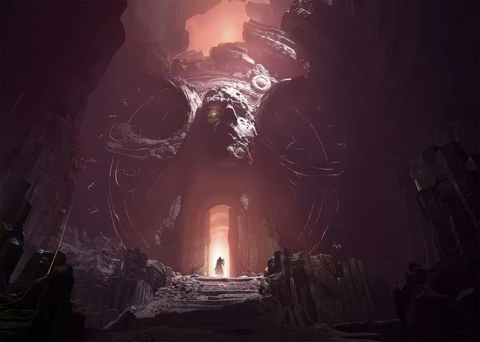 Epic Fantasy Cave Entrance with Giant Statue
