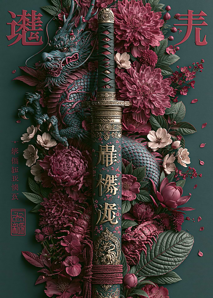 Dragon and Katana with Flowers