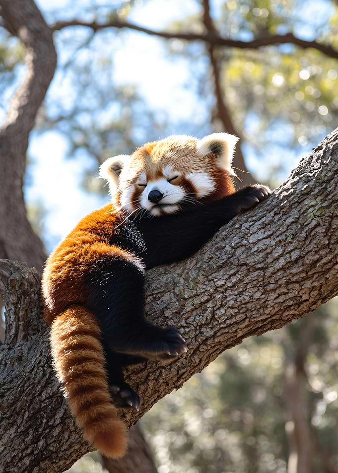 Red Panda Sleeping on a Tree Branch