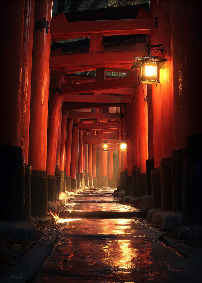 Torii Gates Path with Lanterns