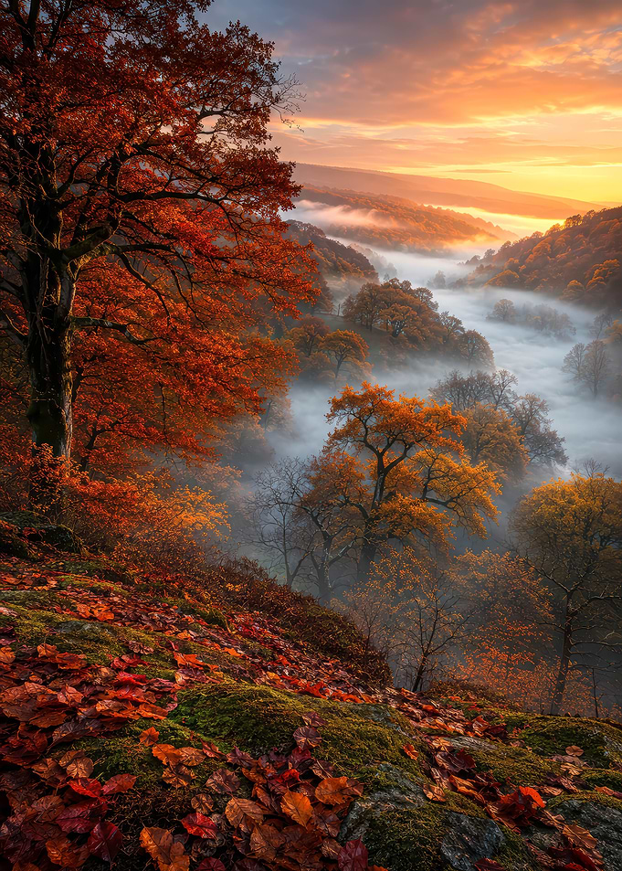 Misty Autumn Valley Sunrise