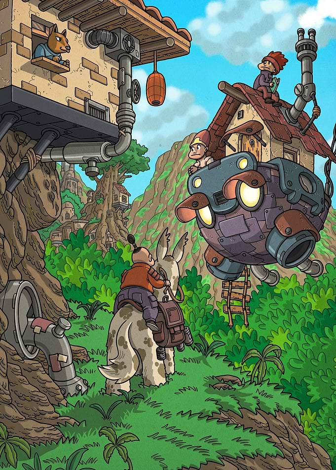 Fantasy world with characters and vehicles